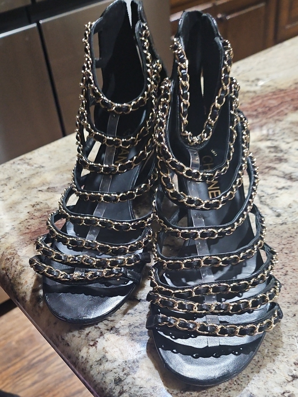 CHANEL Black Leather Strappy Heels with Gold Chain Detailing